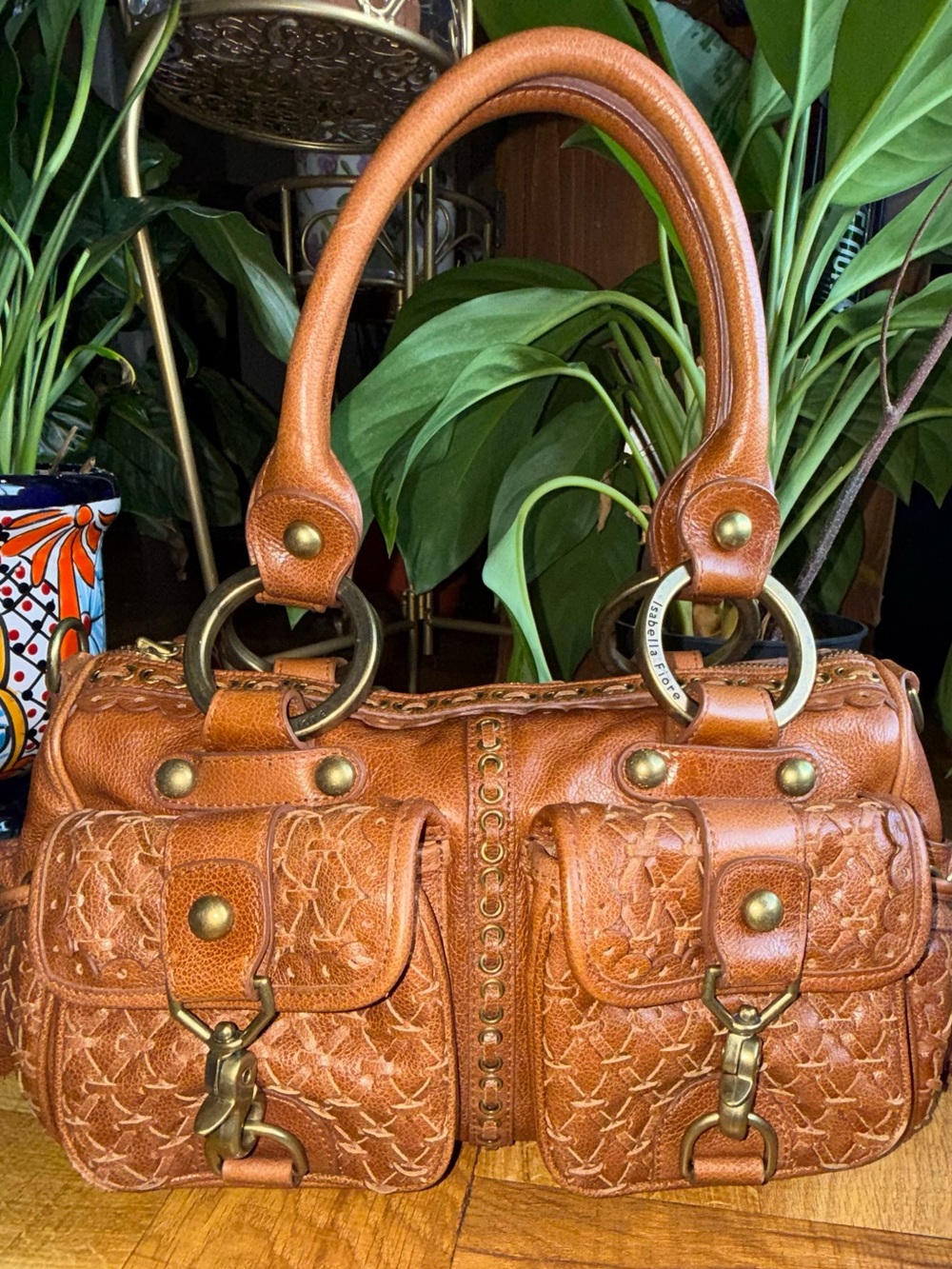 Isabelle Fiore Cognac Brown Woven Leather Satchel